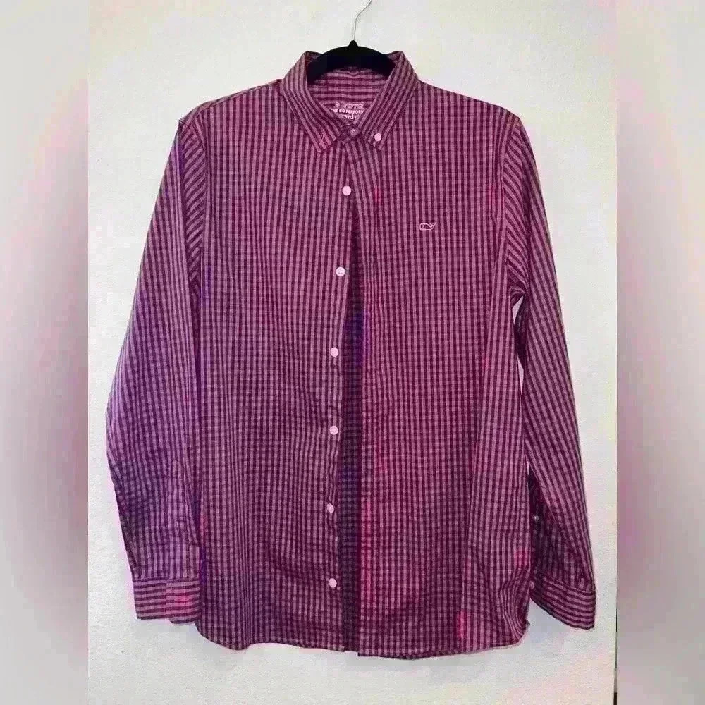 Boys Vineyard Vines Red & Blue Gingham Button Down Sz XL Performance